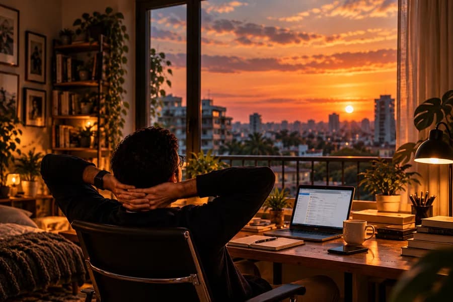Persona relajada frente a un escritorio con laptop mirando un atardecer sobre la ciudad